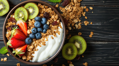 Homemade granola with nuts and raisins, kiwi, blueberries, banana, strawberries and plain yogurt. Top view. Concept of healthy lifestyle, dieting, healthy eating and breakfastの素材