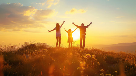 Happy family: mother, father, children son and daughter on nature on sunsetの素材