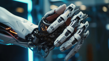 male human with a artificial robotic machinery arm hand, using it in everyday life, innovation technologyの素材