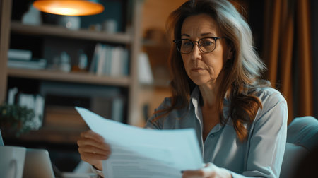 mature woman during a document check. She checks the correctness of filling out the documentation and enters the data on the site.