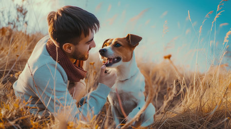 Adult stylish man playing with pet. Family outdoor. Animal lover. Happy dog enjoying freedom. Terrier breeding puppy have fun with owner. Furry crazy canine training at nature. Friends togetherの素材