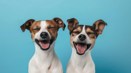 Banner two smiling dogs with happy expression. and closed eyes. Isolated on blue colored background.の素材