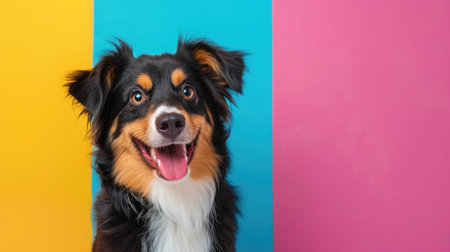 Happy, curious dog Mixed breed, isolated on a colorful backgroundの素材
