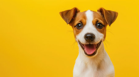 Happy puppy dog smiling on isolated yellow background.の素材