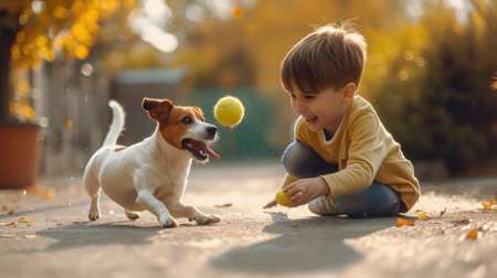 Happy boy and dog playing with automatic throw and fetch machine launching tennis ballsの素材