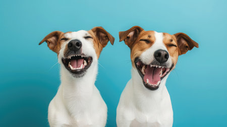 Banner two smiling dogs with happy expression. and closed eyes. Isolated on blue colored background.の素材