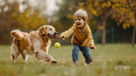 Happy boy and dog playing with automatic throw and fetch machine launching tennis ballsの素材