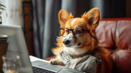 Cute corgi dog looking into computer laptop working in glasses and shirtの素材