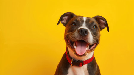Happy puppy dog smiling on isolated yellow background.の素材