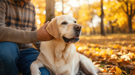 Man stroking his old dog. Loyal labrador retriever enjoying autumn sunny say with his owner.の素材