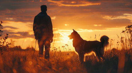 man with a dog at sunset. walk with a pet. Australian Shepherd and owner in natureの素材