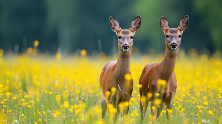 Roe deer, capreolus capreouls, couple int rutting season staring on a field with yellow wildflowers. Two wild animals standing close together. Love concept.の素材