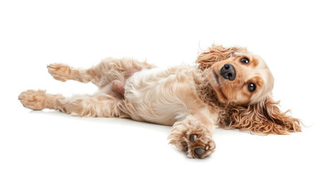 Pure youth crazy. English cocker spaniel young dog is posing. Cute playful white-braun doggy or pet is playing and looking happy isolated on white background. Concept of motion, action, movement.の素材