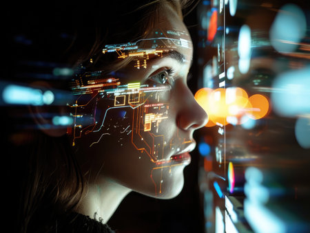 portrait of a woman with virtual reality projections of digital icons around her faceの素材