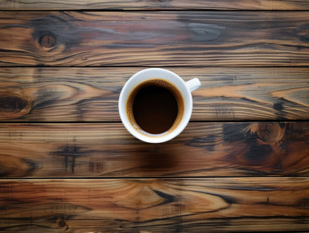 Top view Coffee with white cup on wood table.の素材