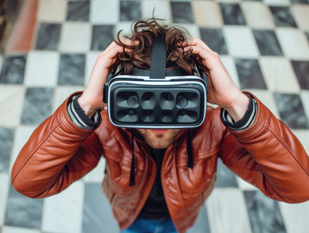 Top view of Man wearing virtual reality gogglesの素材