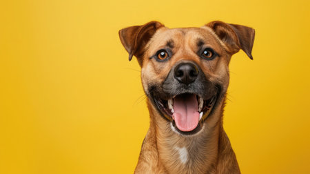 Studio headshot portrait of fawn colored mixed breed dog looking forward and smiling with tongue out against yellow backgroundの素材
