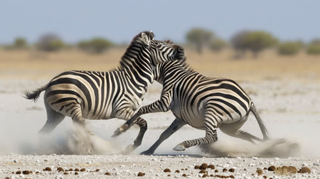 Two plains zebra stallions fighting and kickingの素材