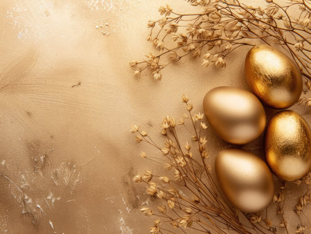 Stylish golden eggs easter concept. Easter gold eggs with golden dried flax linum bunch gold background. Flat lay trendy easter. Happy easter card. Copy space for text --ar 4:3 --v 6 Job ID: 0544b1dc-f368-434f-8d1f-295cb5651062の素材