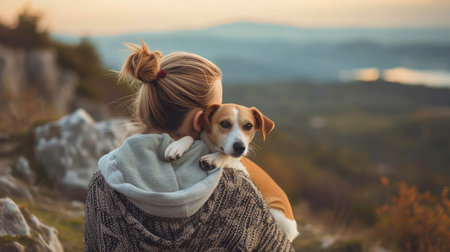 Foto de woman embracing sweetly his dog while looking the view - Imagen libre de derechos