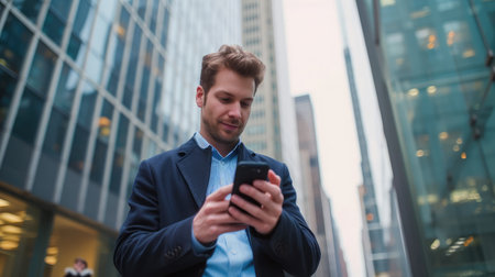 Businessman using mobile phone app texting outside of office in urban city with skyscrapers buildings in the background. Young caucasian man holding smartphone for business work.の素材