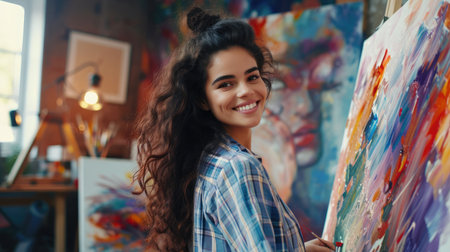 Creative latin female artist standing working on a new painting. Happy young lady painting on canvas in her art studio. Cheerful young female artist working in her home workshop. copy space.の素材