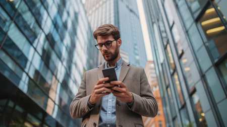 Businessman using mobile phone app texting outside of office in urban city with skyscrapers buildings in the background. Young caucasian man holding smartphone for business work.の素材