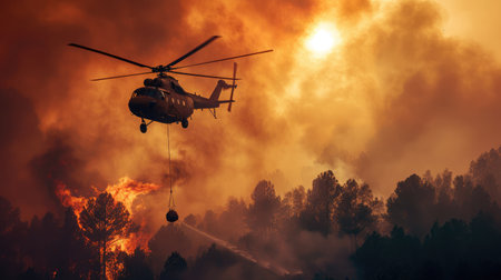 Fire fighting helicopter carry water bucket to extinguish the forest fireの素材