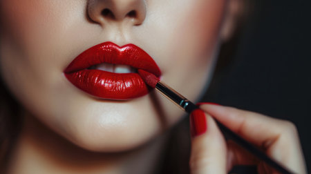 Makeup artist applies red lipstick . Beautiful woman face. Hand of make-up master, painting lips of young beauty model girl . Make up in processの素材