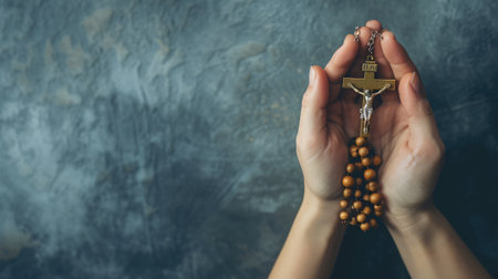 Hand with a rosary against gray background, religious concept.process in vintage color toneの素材