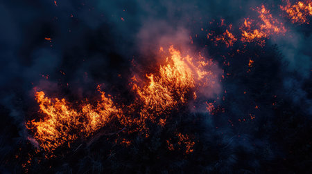 Night fire in the forest with fire and smoke.Epic aerial photo of a smoking wild flame.A blazing,glowing fire at night.Forest fires.Dry grass is burning. climate change,ecology.Line fire in the dark.の素材