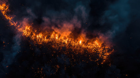 Night fire in the forest with fire and smoke.Epic aerial photo of a smoking wild flame.A blazing,glowing fire at night.Forest fires.Dry grass is burning. climate change,ecology.Line fire in the dark.の素材