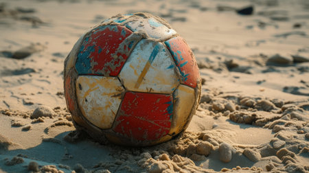 Old soccer ball on the sandの素材