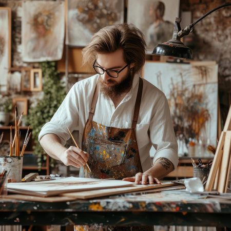 young artist makes a sketch with a brush in the workshop. A creative person is standing over a desktop with a brush in his hand. Creative studio, lifestyle, the process of creating a work of artの素材