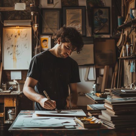 young artist makes a sketch with a brush in the workshop. A creative person is standing over a desktop with a brush in his hand. Creative studio, lifestyle, the process of creating a work of artの素材