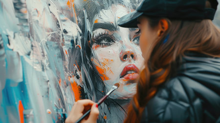 Woman artist draws with paint brush surreal girl portrait on white canvas at outdoor art painting festival, paintings art picture process. Woman in black cap paints atmospheric surreal pictureの素材