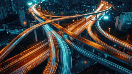 Top view and curvy of Highway overpass with beautiful city background. night scene.の素材