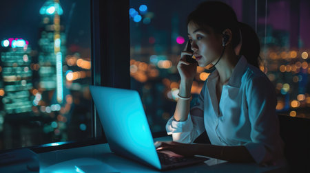 Young busy Asian business woman executive working on laptop making call at night in dark corporate office. Professional businesswoman manager talking to client using computer, city evening window viewの素材
