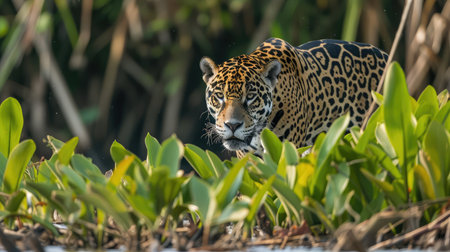 American jaguar on the hunt. Wild nature in the Pantanal.の素材