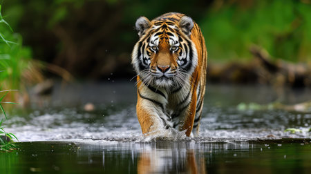 Amur tiger walking in the water. Dangerous animalの素材