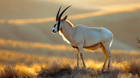 Arabian oryx or white oryx, Oryx leucoryx, antelope with a distinct shoulder bump, Evening light in natureの素材