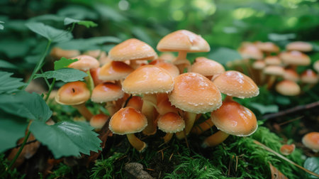 Beautiful closeup of forest mushrooms. Gathering mushrooms. Mushrooms photo, forest photo, forest backgroundの素材