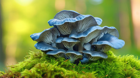 Blue hat of oyster mushrooms growing on green moss close up --ar 16:9 --v 6 Job ID: de303675-fc9a-4921-9922-e9d0c2fca2fdの素材