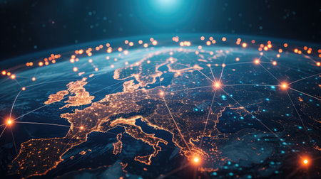 Communication technology with global internet network connected in Europe. Telecommunication and data transfer european connection links. IoT, finance, business, blockchain, security.の素材