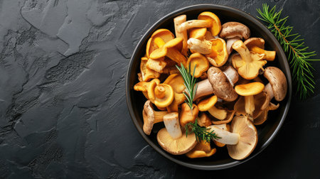 Different fresh wild mushrooms in bowl on black background, flat layの素材