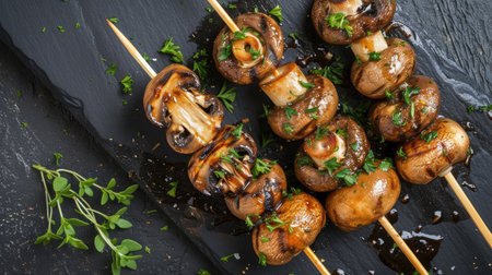 Grilled mushroom skewers, bbq of mushrooms top viewの素材