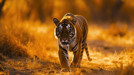 Great tiger male in the nature habitat. Tiger walk during the golden light time. Wildlife scene with danger animal.の素材