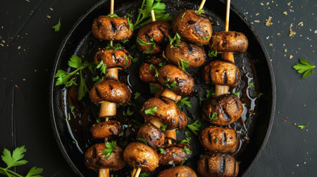Grilled mushroom skewers, bbq of mushrooms top viewの素材