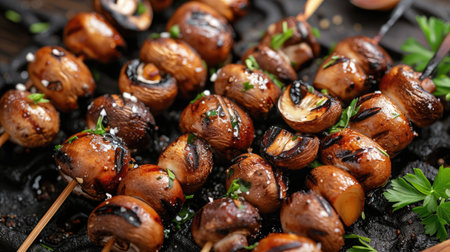 Grilled mushroom skewers, bbq of mushrooms top viewの素材