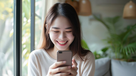 Millennial asian young woman looking mobile phone laughing with good news or discount voucher for shopping online at home.の素材